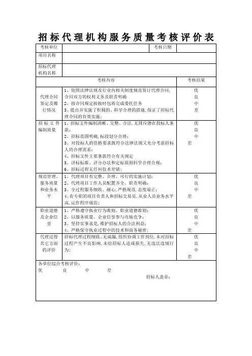招标代理机构服务质量考核评价表