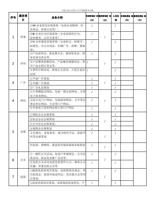 企业金融管理有限公司服务项目及收费标准