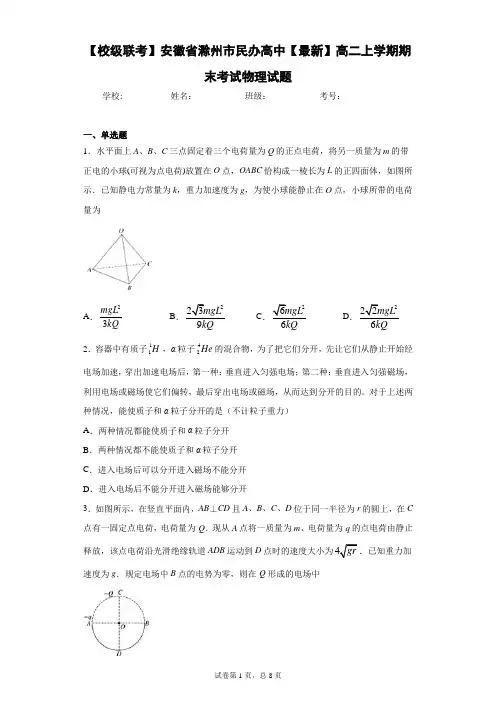 民办高中2020-2021学年高二上学期期末考试物理试题含答案解析