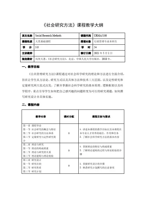 社会研究方法  教学大纲