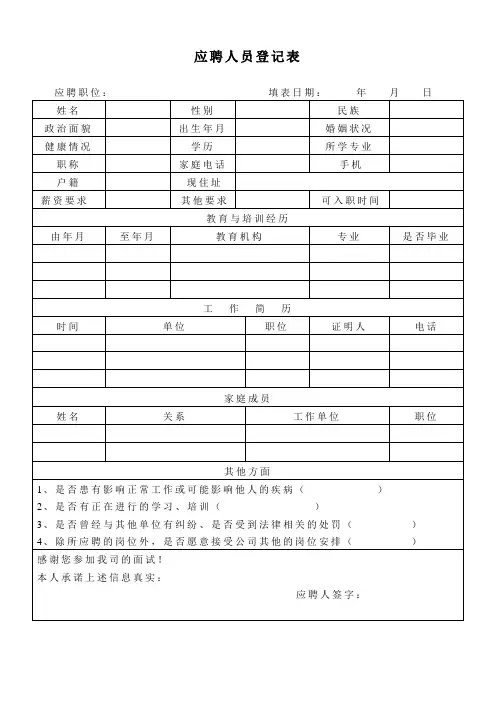 应聘人员登记表