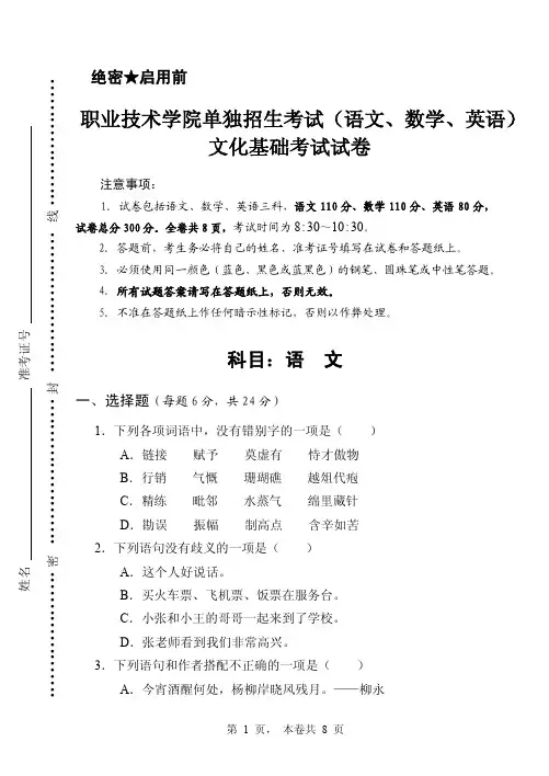 职业技术学院单独招生考试(语文、数学、英语)文化基础考试试卷及答案
