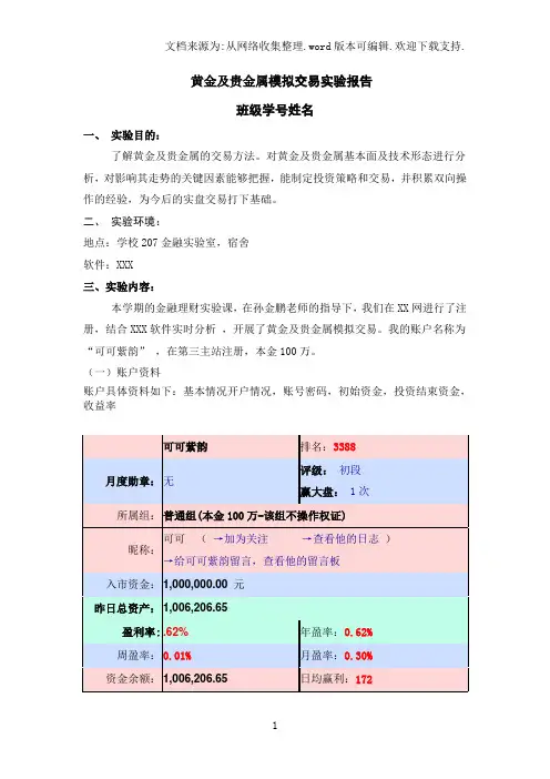 黄金及贵金属模拟交易实验报告