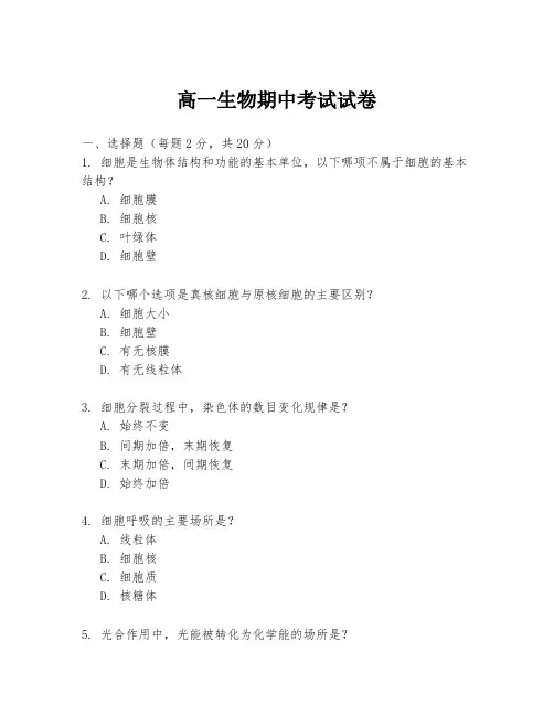 高一生物期中考试试卷
