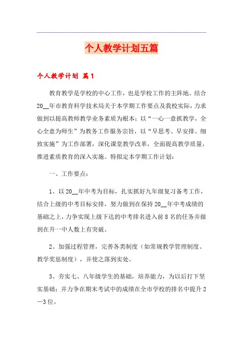个人教学计划五篇