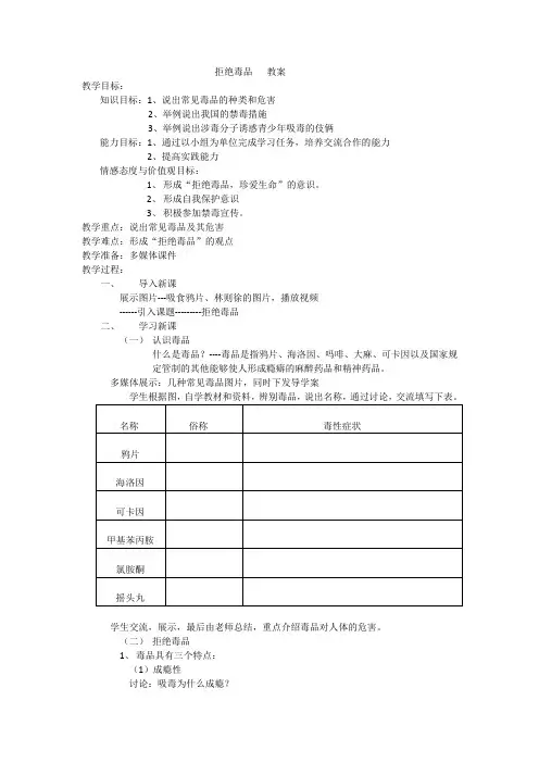 苏教版生物八下26.2《拒绝毒品》教案设计