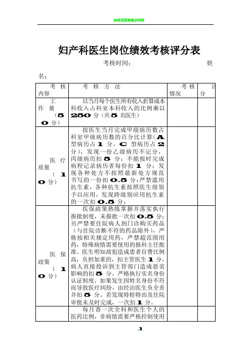 妇产科医生岗位绩效考核评分表