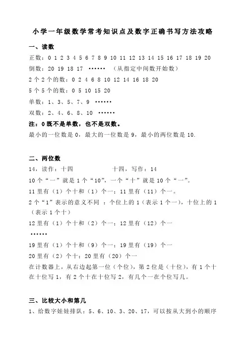 小学一年级数学常考知识点及数字正确书写方法攻略