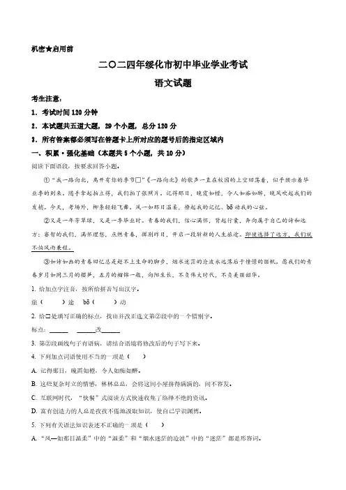 2024年黑龙江省绥化市中考语文真题卷(含答案与解析)_9398