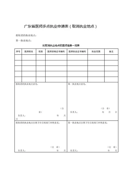 广东医师多点执业申请表取消执业地点