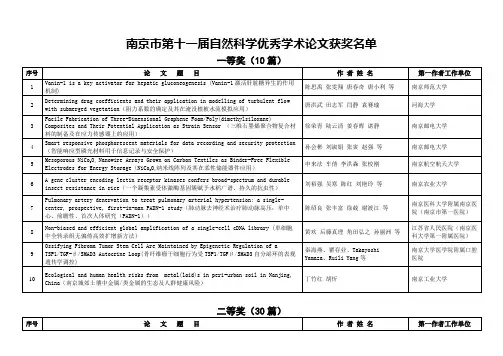 南京市第十一届自然科学优秀学术论文获奖名单