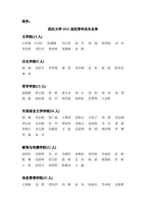 武汉大学2011届优秀毕业生名单