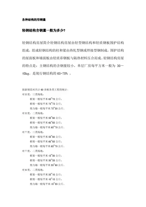各种结构的用钢量
