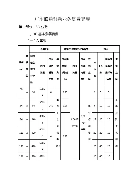 广东联通移动业务资费套餐