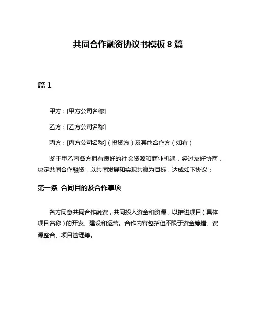 共同合作融资协议书模板8篇