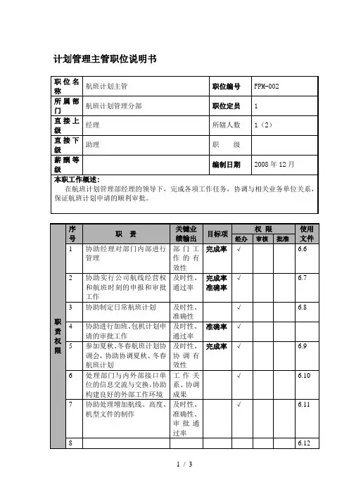 某航空物流公司计划管理主管职位说明书及关键绩效标准
