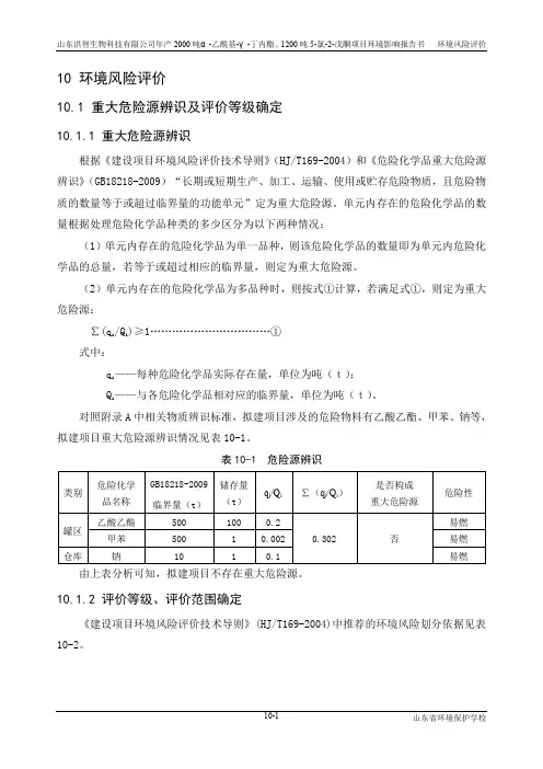 环境影响评价报告公示：年产2000吨α-乙酰基-γ-丁内酯、1200吨5-氯-2-戊酮项目第10章  环境风险评价改环评