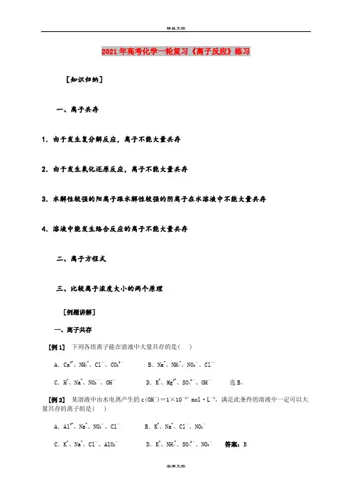 2021年高考化学一轮复习《离子反应》练习