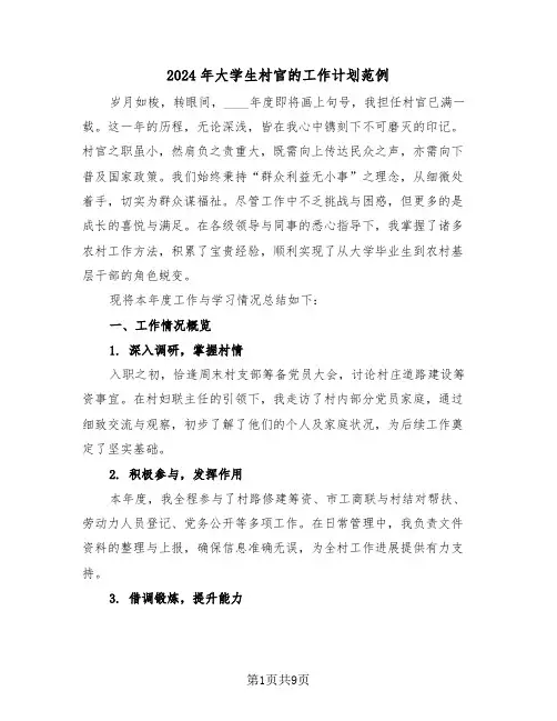 2024年大学生村官的工作计划范例（五篇）