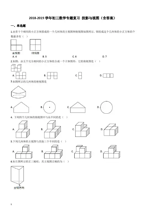 2019年中考数学《投影与视图》专题复习试卷(含答案)