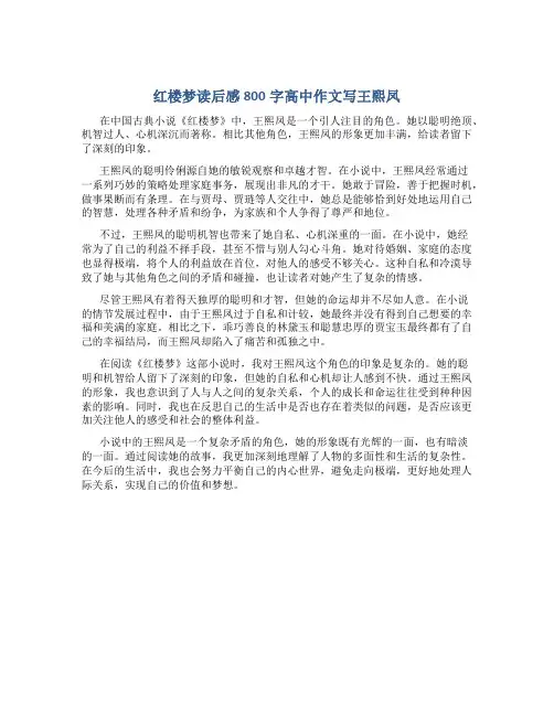 红楼梦读后感800字高中作文写王熙凤