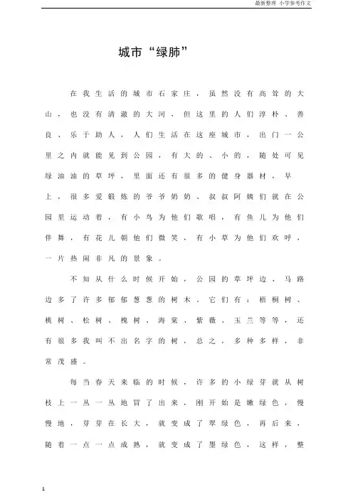 「精品」(五年级作文)城市“绿肺”  参考作文