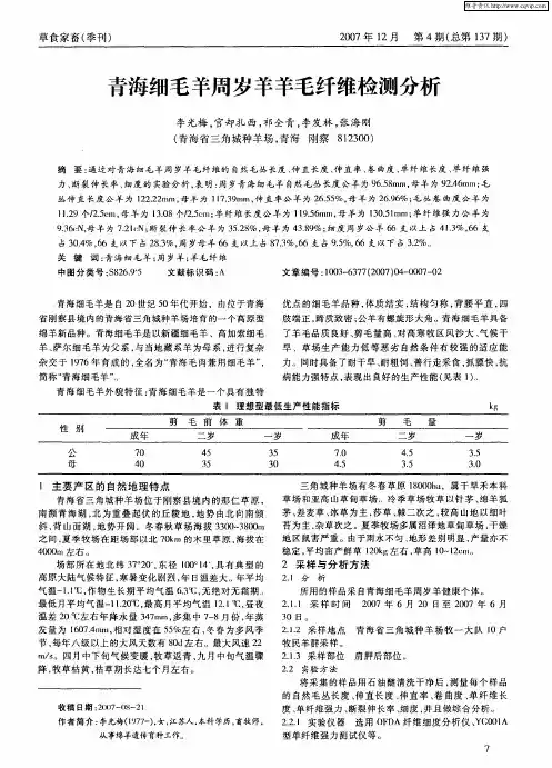 青海细毛羊周岁羊羊毛纤维检测分析