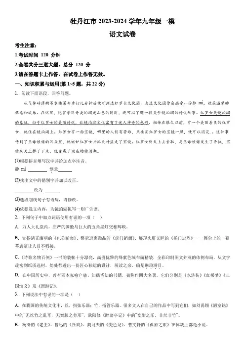 2024年黑龙江省牡丹江市中考一模语文试题(含解析)