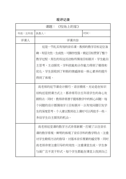 评课报告牧场上的家【观评记录】.doc听课评语