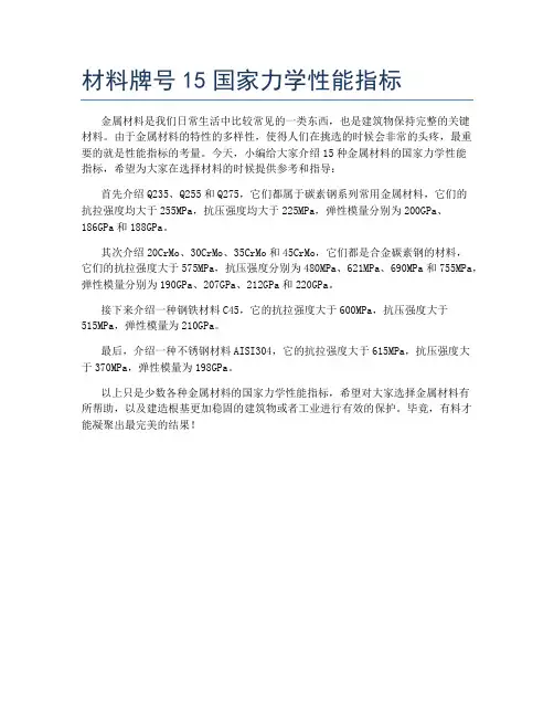 材料牌号15国家力学性能指标
