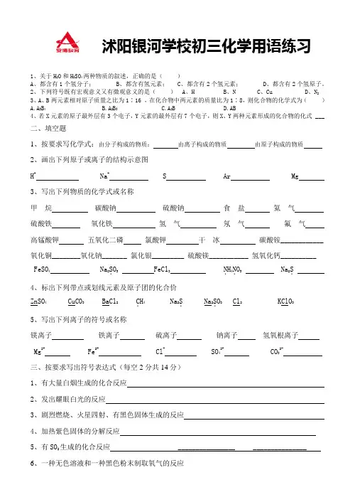 初三化学用语练习