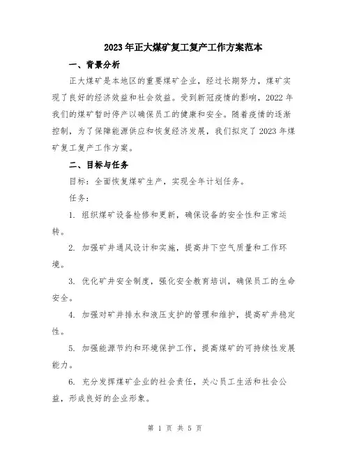 2023年正大煤矿复工复产工作方案范本