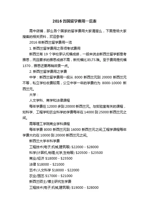 2016各国留学费用一览表