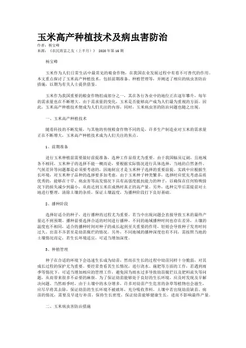 玉米高产种植技术及病虫害防治