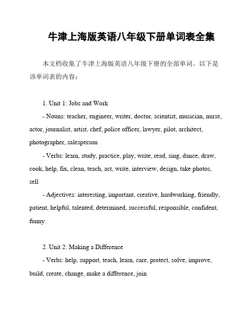 牛津上海版英语八年级下册单词表全集