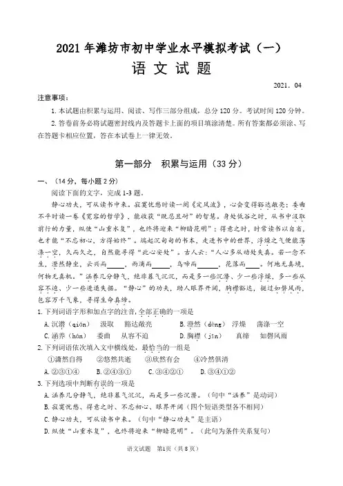 山东省潍坊市2020-2021学年九年级下学期4月一模语文试题