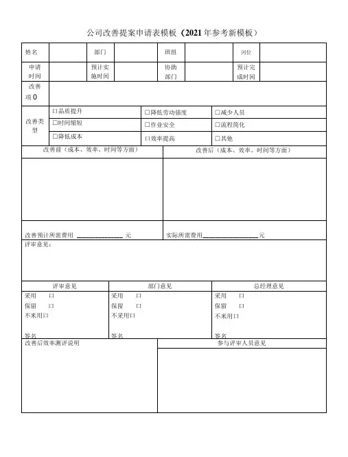 公司改善提案申请表模板(2021年参考新模板)