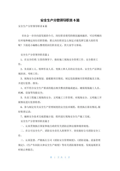 安全生产分管领导职责6篇