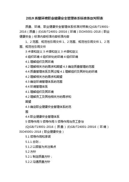 2019质量环境职业健康安全管理体系标准条款对照表