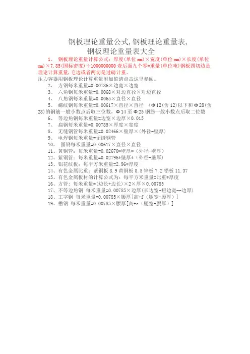 钢板理论重量计算公式(标准)