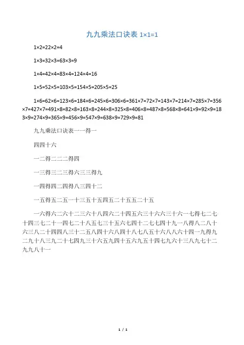 九九乘法口诀表(清晰打印版)