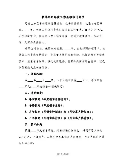 营销公司年度工作总结和计划书（2篇）