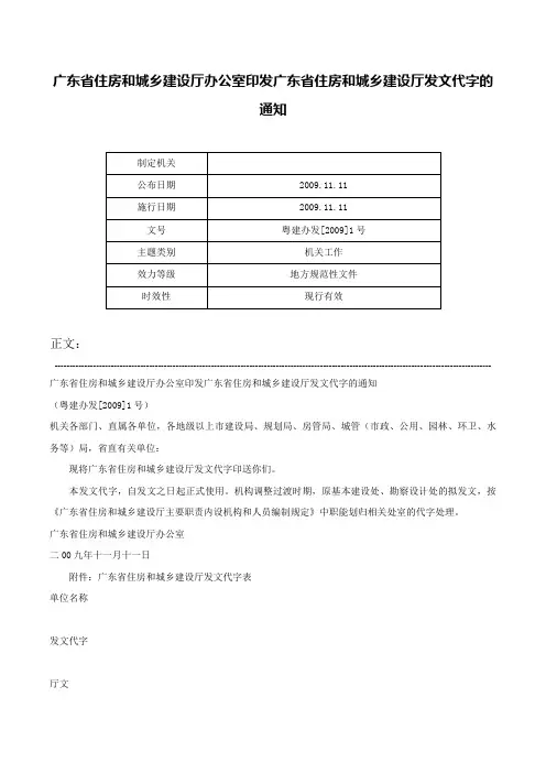广东省住房和城乡建设厅办公室印发广东省住房和城乡建设厅发文代字的通知-粤建办发[2009]1号
