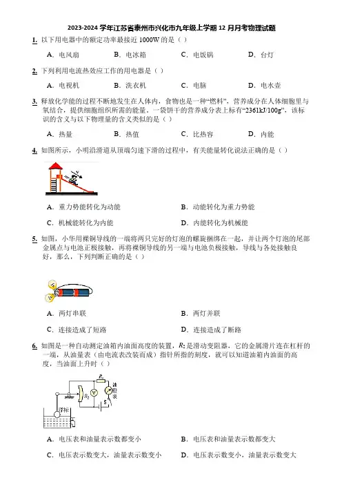 2023-2024学年江苏省泰州市兴化市九年级上学期12月月考物理试题