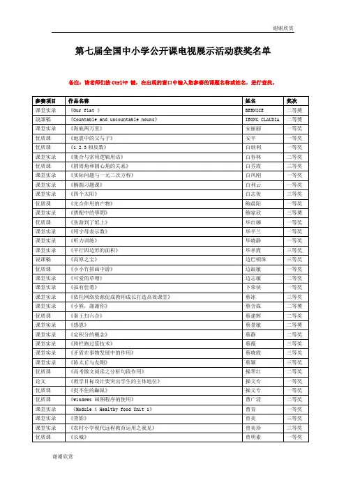 第七届全国中小学公开课电视展示活动获奖名单 .doc