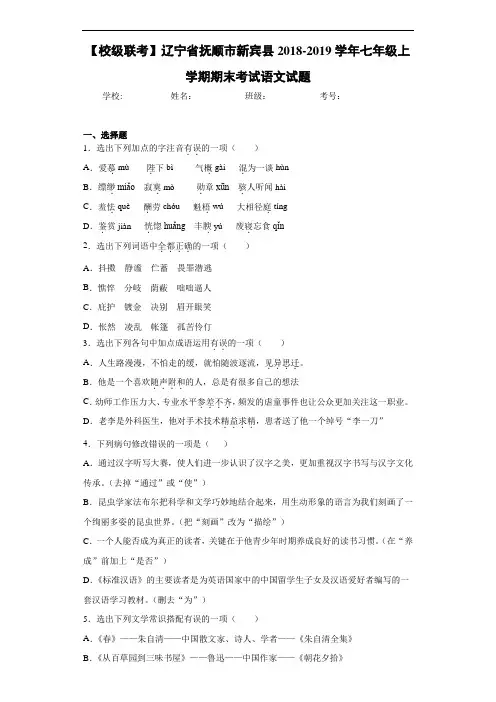 辽宁省抚顺市新宾县2020至2021学年七年级上学期期末考试语文试题