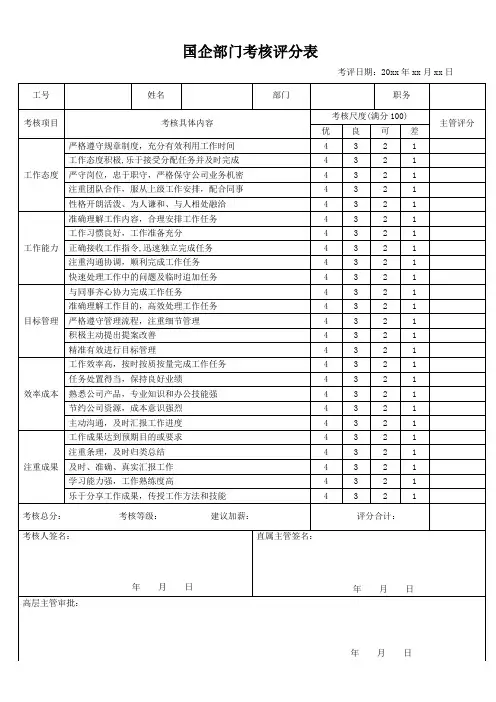 国企部门考核评分表