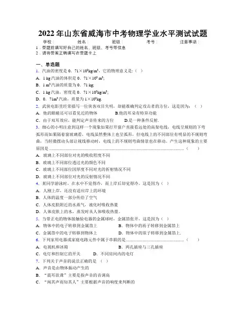 2022年山东省威海市中考物理学业水平测试试题及解析