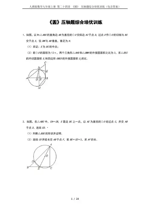 人教版数学九年级上册 第二十四章 《圆》 压轴题综合培优训练(包含答案)