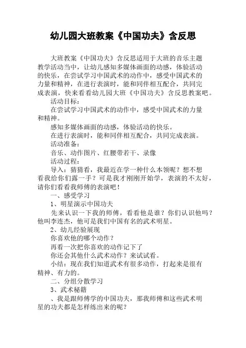 幼儿园大班教案《中国功夫》含反思